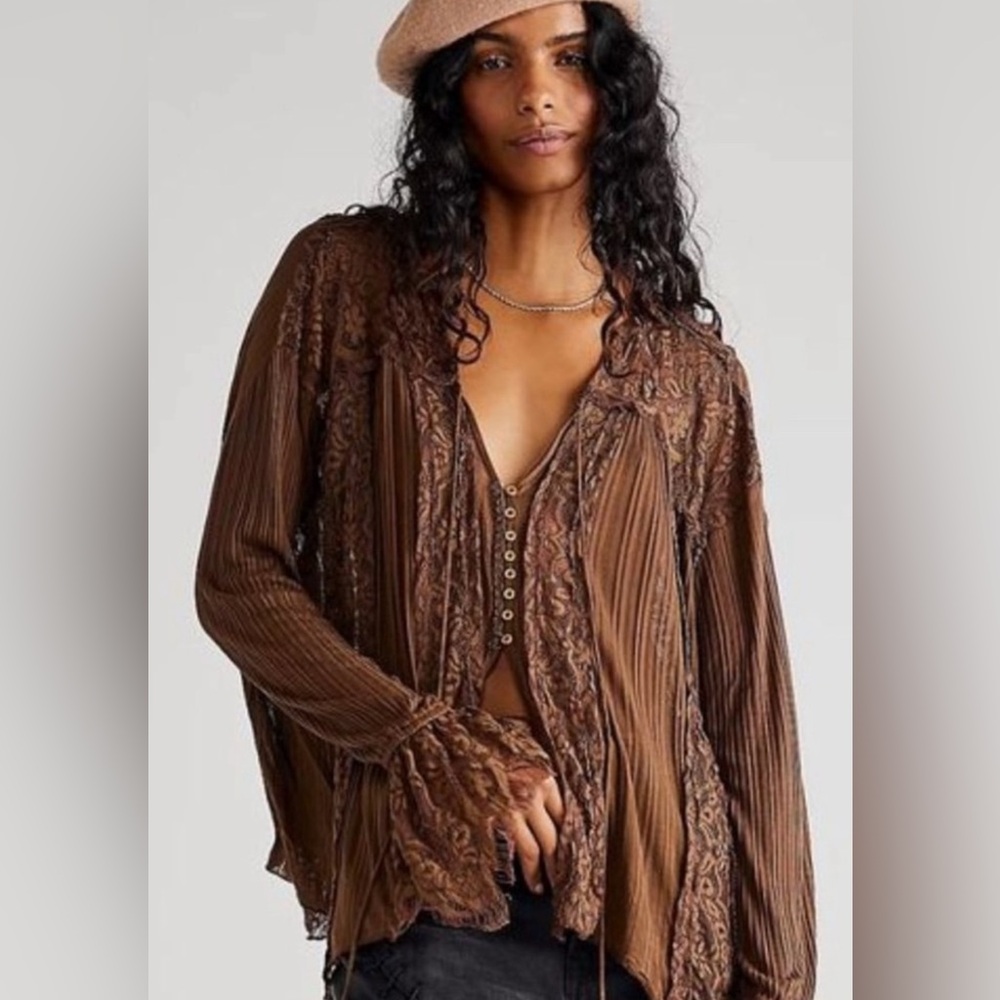 NWT FREE PEOPLE Beautiful Brown Georgia Lace Detail Women's Top ($128) - S